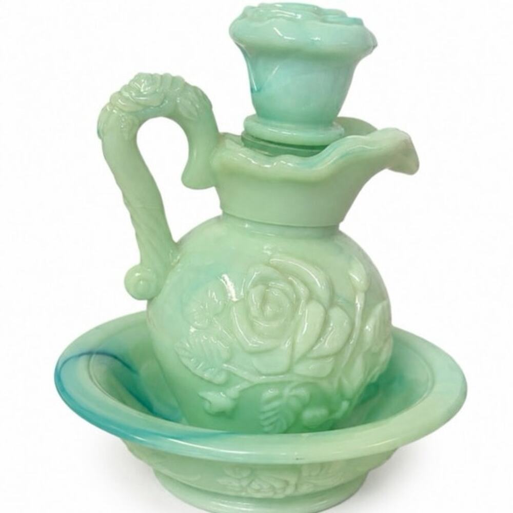 Vintage Avon Jadeite Green Milk Glass Vanity Pitcher Bowl Set Roses Cottagecore